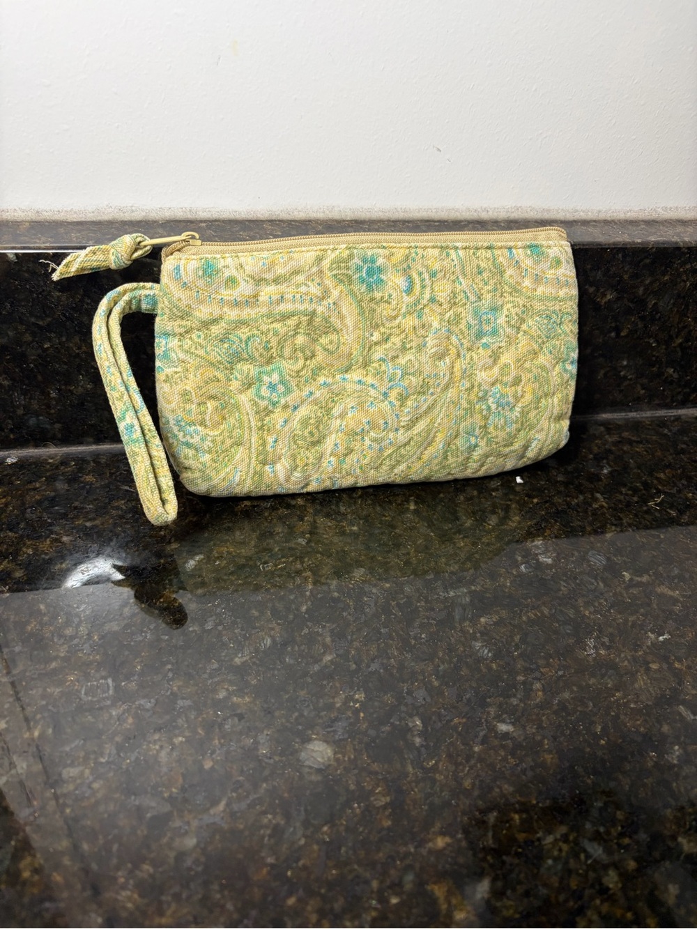 DONNA SHARP Vintage Quilted Paisley Wristlet Clutch in Pale Yellow and Teal